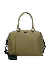 Khaki leren handtas met een gestructureerde afwerking, dubbele handgrepen, een afneembare gestreepte schouderband en een logo aan de voorkant.