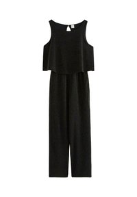 Czarny kombinezon o kroju topu, bez rękawów, wykonany z miękkiego, teksturowanego materiału; luźny krój z szerokimi spodniami.