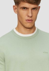 Hellgrüner Strickpullover mit runder Halsausschnitt, der mit einer dezenten Logo-Stickerei versehen ist. Glatte Textur und figurbetontes Design.