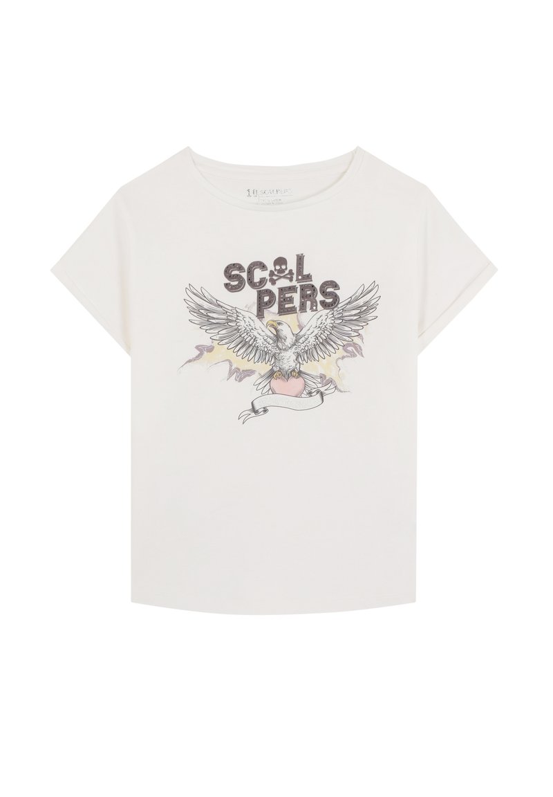 Camiseta blanca de manga corta con un diseño gráfico que presenta un águila, un corazón y el texto "SCOLPERS" en letras negritas.