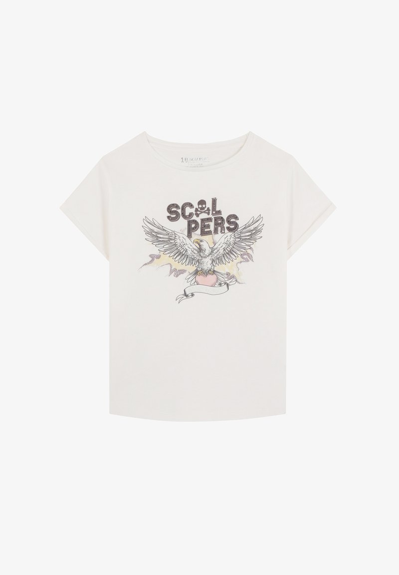 Camiseta blanca de manga corta con un diseño gráfico que presenta un águila, un corazón y el texto "SCOLPERS" en letras negritas.