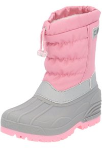 Rosa Schneestiefel mit einem gesteppten Stoffschaft, grauer Gummisohle und pinken Gummidetails. Mit einer Schnürung an der Oberseite für einen festen Sitz.