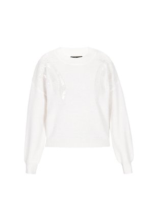 Hvid strikket sweater med lange, voluminøse ærmer og perledekorationer på skuldrene. Blød tekstur, rund halsudskæring og cropped pasform.
