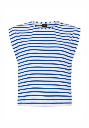 Weißes Kurzarmoberteil mit blauen Horizontalstreifen, runder Ausschnitt und entspanntem Schnitt. Weicher Stoff mit minimalistischem Design.