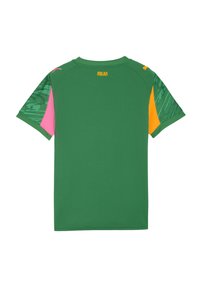 Maglietta sportiva verde con maniche corte; presenta dettagli fucsia, arancione e fantasie sulle spalle; logo "MILAN" sulla parte posteriore del collo.