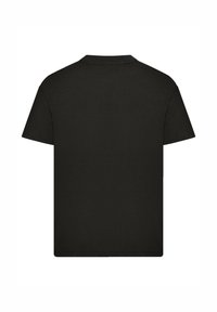 Black cotton t-shirt with a crew neckline, short sleeves, and a plain back design. No visible logos or patterns. Smooth texture.