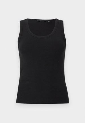 Sort ribstrikket ærmeløs tanktop med rund halsudskæring, lavet af elastisk stof, vist fladt på hvid baggrund.