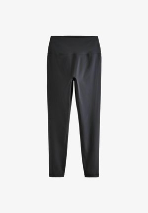 Black leggings made from smooth, stretchy fabric. Features a high waistband and tapered leg design. No visible patterns or hardware accents.