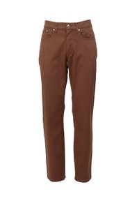 I pantaloni marroni in misto cotone presentano un taglio dritto, cinque tasche e una chiusura con bottone in metallo. Texture liscia con una finitura pulita.