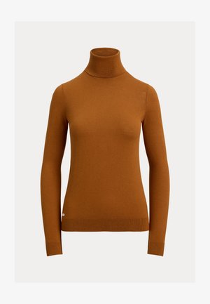 Rudas turtleneck megztinis, pagamintas iš minkštos mezgimo medžiagos. Turi ilgas rankoves, prigludusią siluetą ir raukšlėtą apykaklę bei įrašus.