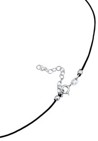 Black cord necklace with silver-tone metal clasp, featuring shiny round beads and an adjustable chain with multiple links.