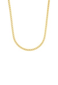 Collar de cadena metálica dorada con eslabones entrelazados. Presenta una superficie lisa y brillante, y un diseño clásico que se asienta plano.