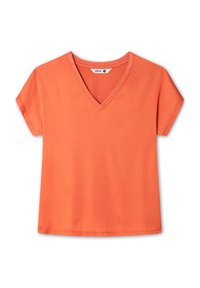 Oranges, kurzärmliges V-Ausschnitt-T-Shirt. Hergestellt aus weichem Baumwollstoff, mit lockerer Passform und glatter Textur. Keine sichtbaren Muster oder Akzente.