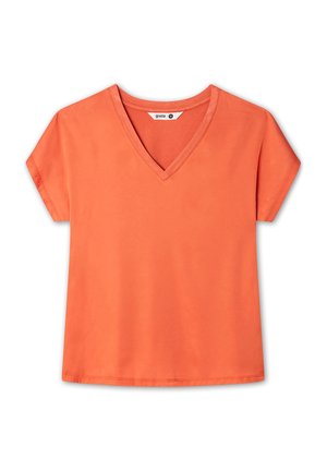 Orange, short-sleeved V-neck t-shirt. Made of soft cotton fabric, with a relaxed fit and a smooth texture. No visible patterns or accents.