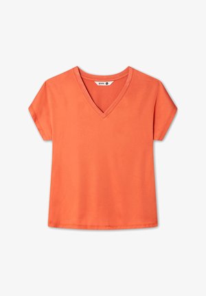 T-shirt orange à manches courtes et col V. Fabriqué en coton doux, avec une coupe décontractée et une texture lisse. Pas de motifs ou d'accents visibles.
