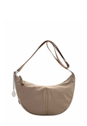 Tasche aus tanfarbenem Stoff mit kreisförmigem Design, Reißverschluss und silberfarbener Hardware. Verfügt über einen dünnen, verstellbaren Träger und eine strukturierte Oberfläche.