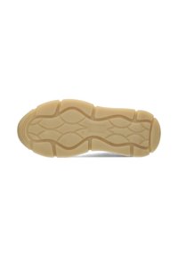 Suola di una sneaker, realizzata in materiale gommoso beige con un motivo a onda testurizzato e rilievi per una migliore presa.