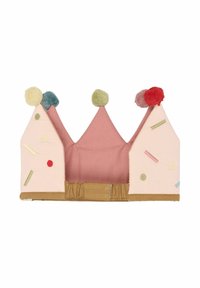 Puha szövet korona rózsaszín és bézs színekben, három csúccsal, melyeket színes bojttal és többféle színű texturált díszítéssel ékesítettek.