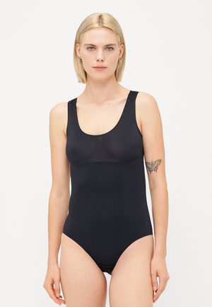 Black swimsuit made of smooth fabric with wide straps, a scoop neckline, and a fitted silhouette, featuring a minimalist design.
