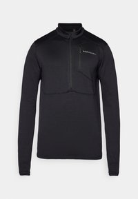 Zwarte long-sleeve pullover met een ritssluiting bij de hals, textuurstof, borstzak en tonale logodetail aan de zijkant. Heeft een aansluitend ontwerp.