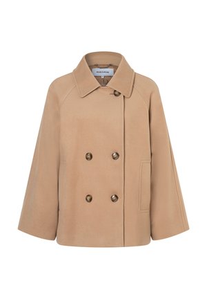 Beige, double-breasted jacket with a collar and side pocket. Made of soft fabric, featuring large buttons and a relaxed fit design.