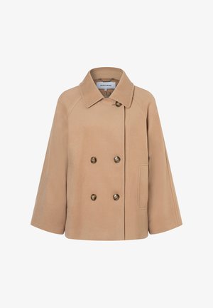 Beige, double-breasted jacket with a collar and side pocket. Made of soft fabric, featuring large buttons and a relaxed fit design.