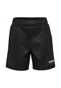 Svarta sportshorts gjorda av ett slätt, lätt tyg. De har en texturerad finish och ett elastiskt midjeband med en liten vit logotyp.