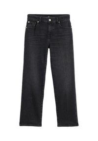 Szerokie spodnie dżinsowe w ciemnoszarym kolorze z denimu, z talią o średnim stanie, pięcioma kieszeniami i standardowymi metalowymi okuciami. Gładka faktura z subtelnym blaknięciem.