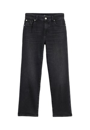 Donkere grijze denim wijde pijpen jeans met een taille die tot halverwege de heupen komt, vijf zakken en standaard metalen onderdelen. Soepele textuur met subtiele vervaging.