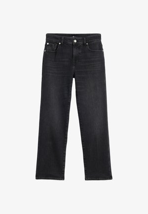 Szerokie spodnie dżinsowe w ciemnoszarym kolorze z denimu, z talią o średnim stanie, pięcioma kieszeniami i standardowymi metalowymi okuciami. Gładka faktura z subtelnym blaknięciem.