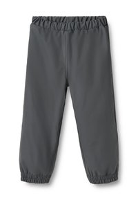 Pelēkas, elastīgas bikses ar jostu, izgatavotas no gludas, izturīgas auduma; ar elastīgām apakšmalām pie potītēm un taisnu kāju designu.