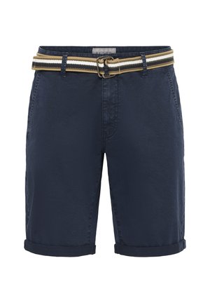 Mornarski modri kratki hlače iz mešanice bombaža, z zavihkom, dvema stranskima žepe in prugastim pasom z kovinsko sponko.