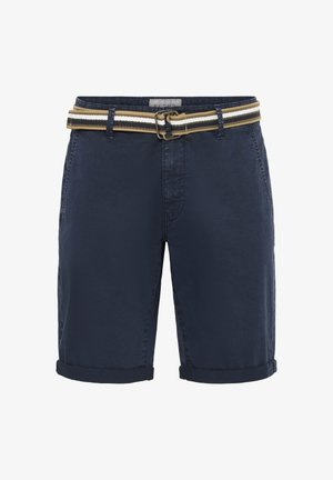 Pantaloni corti blu navy realizzati in tessuto misto cotone, con risvolto, due tasche laterali e una cintura a righe con fibbia in metallo.