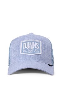 Light blue baseball cap made of fabric with mesh sides. Features a white logo patch with text, and a rounded visor.