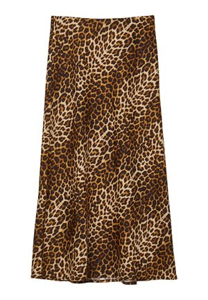 Gonna midi con stampa leopardata in tonalità marrone e beige, caratterizzata da un design fluido e una texture morbida, con una fascia elastica in vita per il massimo comfort.