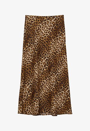 Leopardenmuster-Midirock in Beige- und Brauntönen, mit fließendem Design und glatter Textur, ausgestattet mit einem elastischen Bund für Komfort.