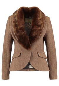 Veste en tweed marron avec un col en fausse fourrure, design ajusté, revers pointus et deux poches avant. Doublée d'un motif floral.
