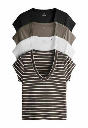 Four short-sleeve ribbed tops with V-necks, stacked. Colors: black, olive green, white, and brown with white stripes.