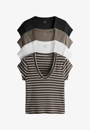 Four short-sleeve ribbed tops with V-necks, stacked. Colors: black, olive green, white, and brown with white stripes.