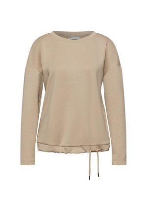 Beige langærmet sweatshirt med rund hals og justerbar snor i kanten, præsenteret på en hvid baggrund.
