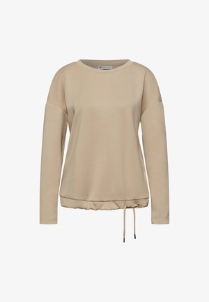 Beżowy długi rękaw z okrągłym dekoltem i regulowanym ściągaczem na dole, prezentowany na białym tle.