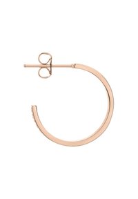 Ohrringe aus Roségold, kreisförmiger Form, polierte Oberfläche, gesichert mit einem geraden Stift und einem Schmetterlingsverschluss, minimalistisches Design.