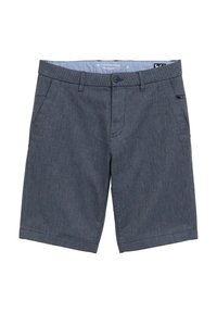 Grijze geweven shorts met een vlakke voorkant, zijzakken en een knoopsluiting. Heeft een subtiele textuur en een label in de tailleband.