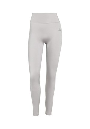 Leggings alti di colore grigio chiaro con una texture liscia e elastica e un discreto logo del marchio sul lato sinistro.