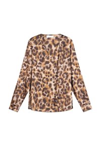 Blouse manches longues avec imprimé léopard marron et beige, encolure en V et détail de lien en tissu sur un côté.