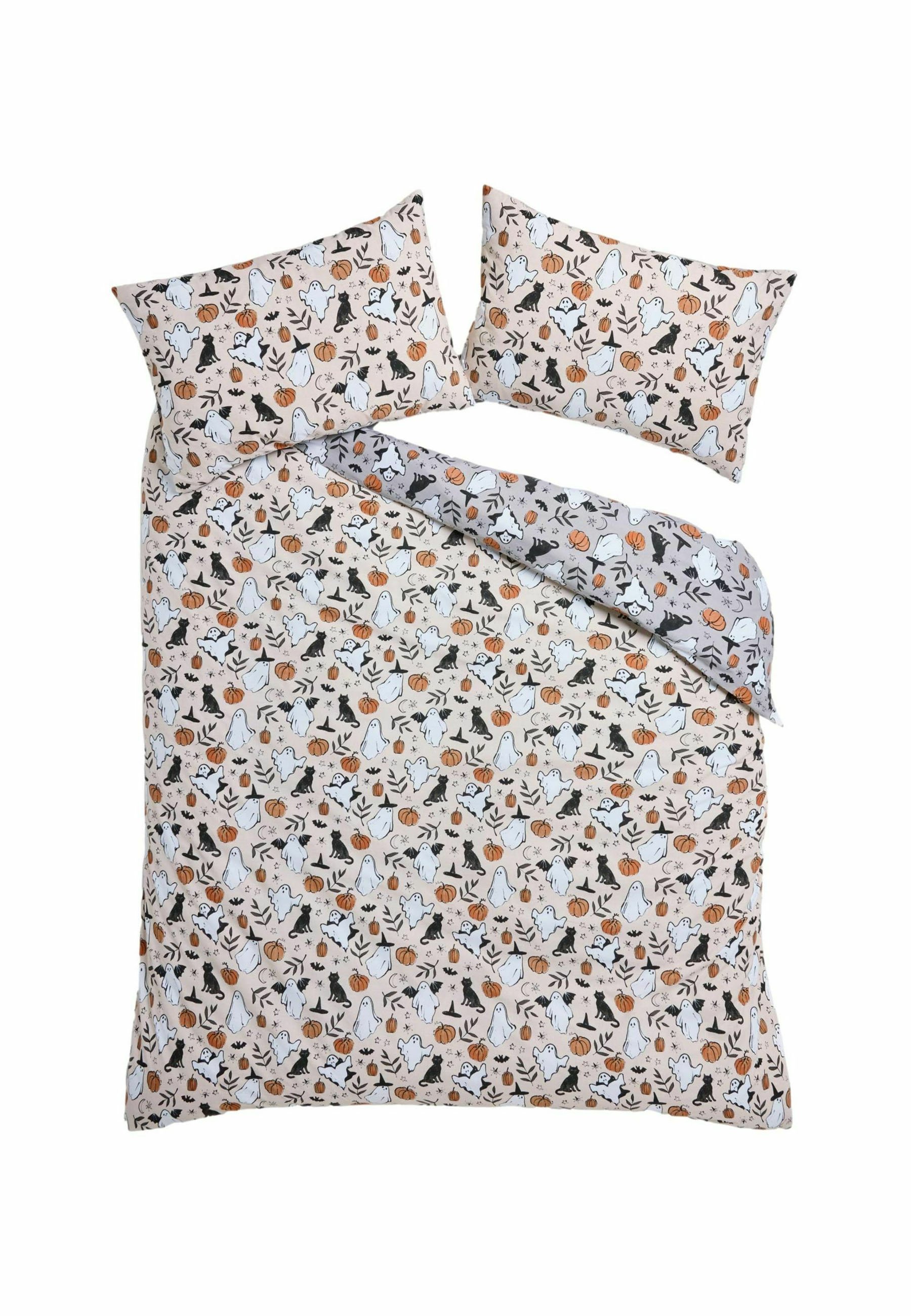 Next HALLOWEEN REVERSIBLE DUVET COVER AND PILLOWCASE SET - Bettwäsche - grey natural ghost/grau