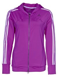 Fialová sportovní bunda se zipem vpředu, kapucí a bílým designem tří pruhů na rukávech. Vyrobeno z prodyšného materiálu.