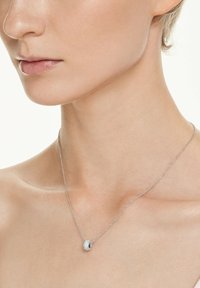 Sølv halskæde med en rund vedhæng, der har en klynge af små, glitrende sten, som hviler på en glat hals.