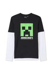 Czarna koszulka z długim rękawem z zielonym nadrukiem twarzy Creepera z przodu, z białymi rękawami i okrągłym dekoltem.