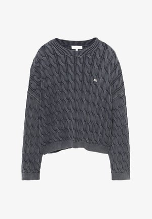 Maglione lavorato a maglia grigio scuro con motivo a trecce, scollatura rotonda, lunghezza cropped, polsini e orlo a coste, con un piccolo logo sul davanti.